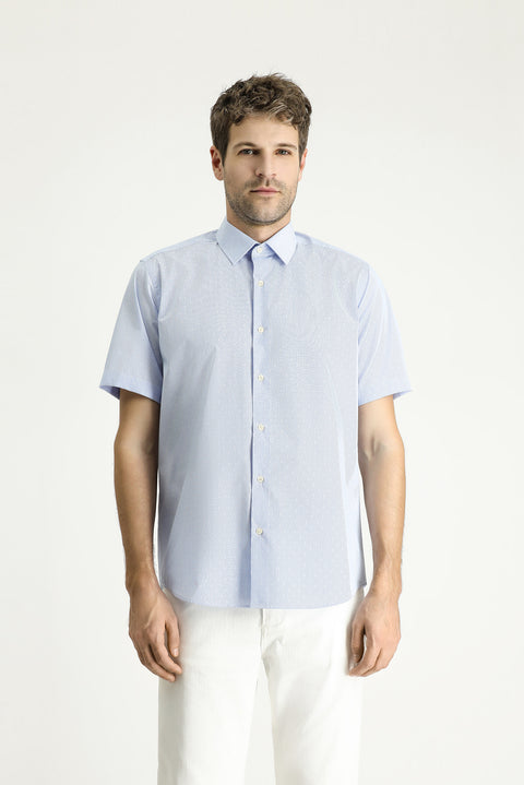 Light Blue Short Sleeve Regular Fit Patterned Cotton Easy-Iron Shirt