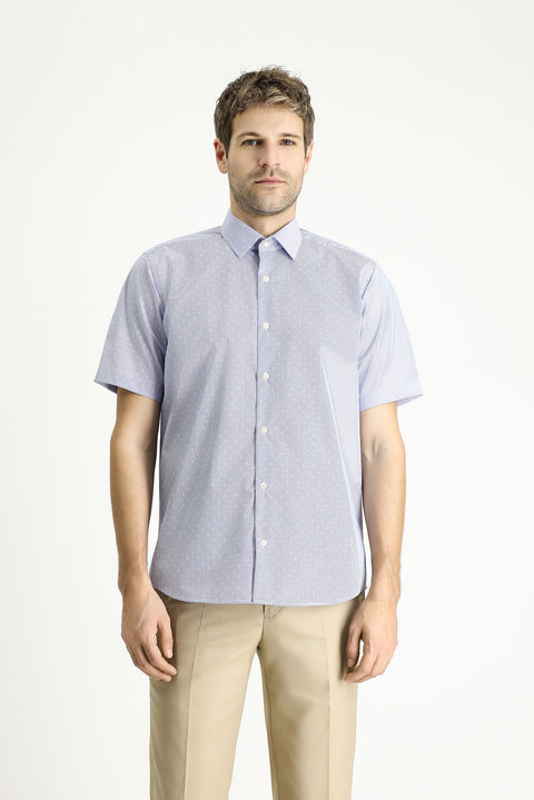 Dark Blue Short Sleeve Regular Fit Patterned Cotton Easy-Iron Shirt