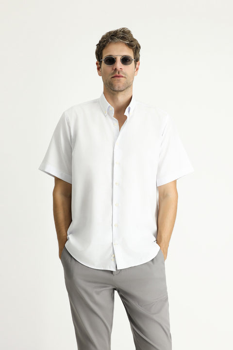 Light Blue Short Sleeve Regular Fit Striped Cotton Easy-Iron Button-Down Collar Shirt