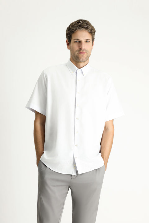 Light Blue Short Sleeve Regular Fit Striped Cotton Easy-Iron Button-Down Collar Shirt