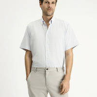 Dark Blue Short Sleeve Regular Fit Striped Cotton Easy-Iron Button-Down Shirt