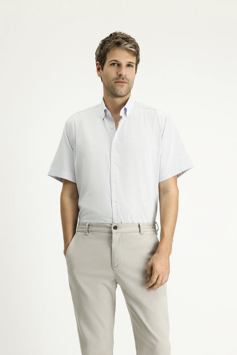 Dark Blue Short Sleeve Regular Fit Striped Cotton Easy-Iron Button-Down Shirt