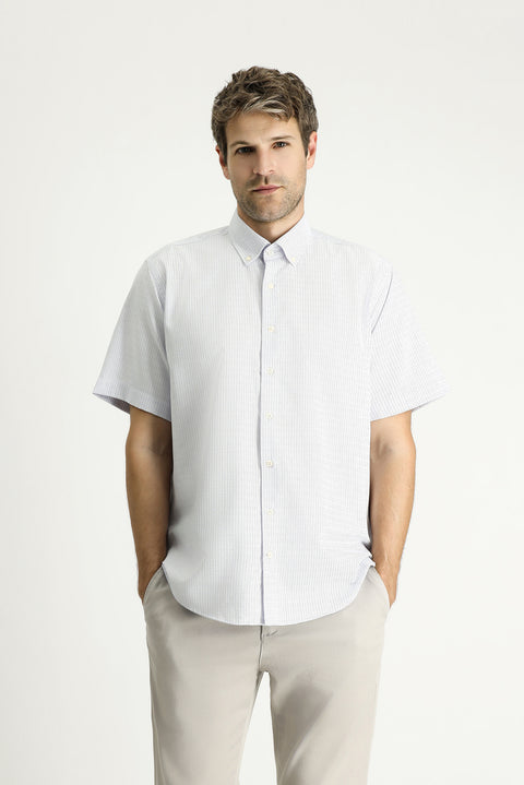 Dark Blue Short Sleeve Regular Fit Striped Cotton Easy-Iron Button-Down Shirt