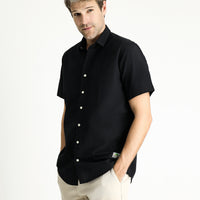 Black Short Sleeve Regular Fit Patterned Waffle Cotton Shirt