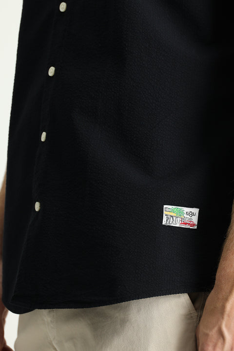 Black Short Sleeve Regular Fit Patterned Waffle Cotton Shirt