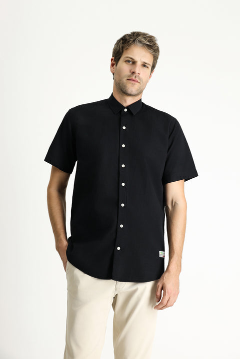 Black Short Sleeve Regular Fit Patterned Waffle Cotton Shirt