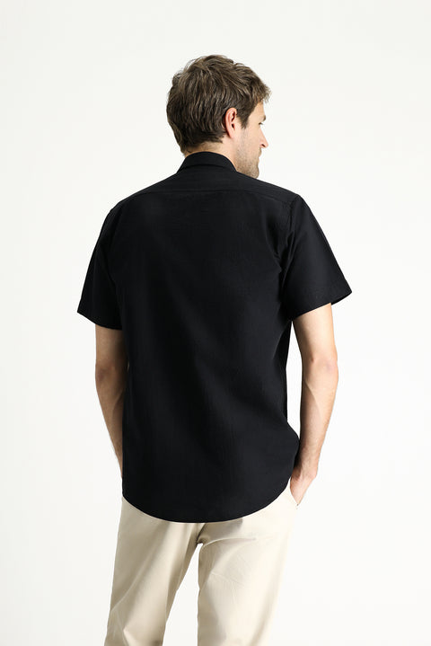Black Short Sleeve Regular Fit Patterned Waffle Cotton Shirt