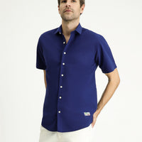 Dark Navy Short Sleeve Regular Fit Patterned Waffle Cotton Shirt