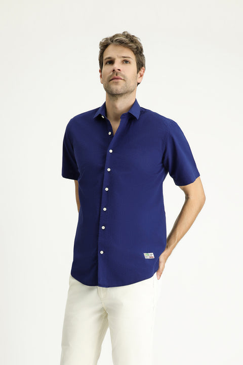 Dark Navy Short Sleeve Regular Fit Patterned Waffle Cotton Shirt