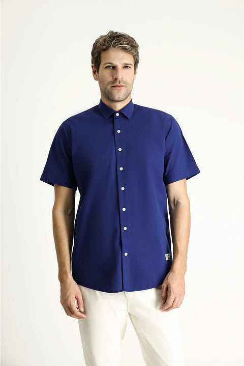Dark Navy Short Sleeve Regular Fit Patterned Waffle Cotton Shirt