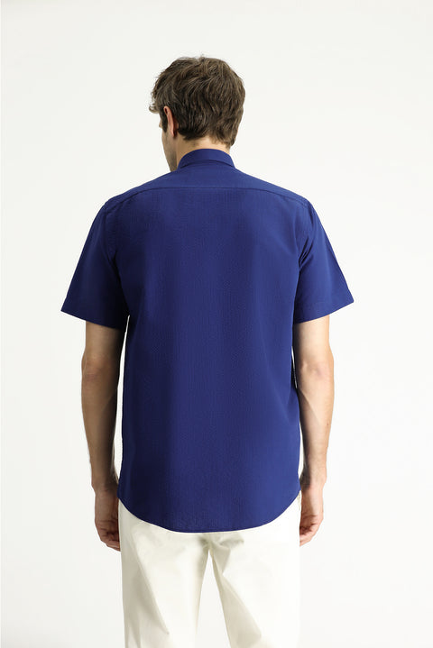 Dark Navy Short Sleeve Regular Fit Patterned Waffle Cotton Shirt