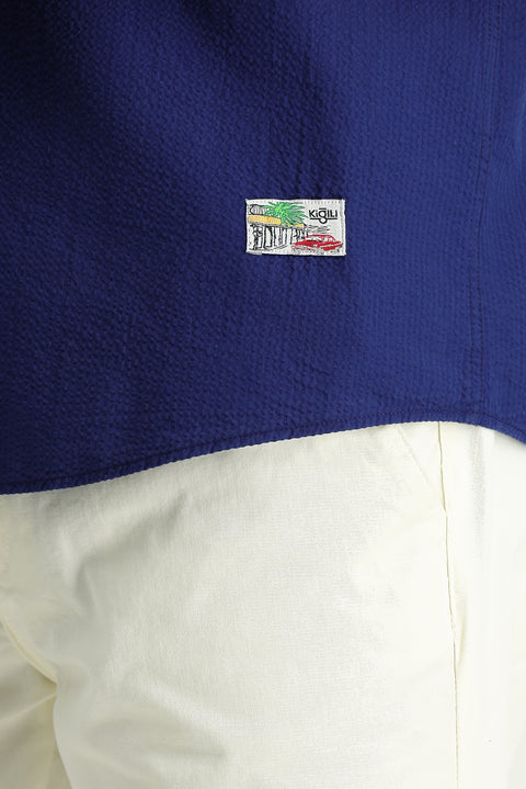 Dark Navy Short Sleeve Regular Fit Patterned Waffle Cotton Shirt