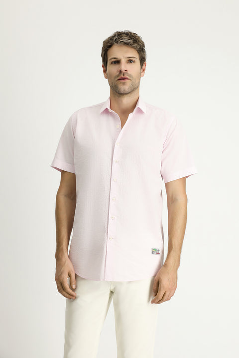 Dusty Pink Short Sleeve Regular Fit Patterned Waffle Cotton Shirt