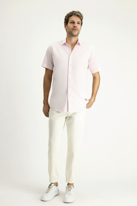 Dusty Pink Short Sleeve Regular Fit Patterned Waffle Cotton Shirt
