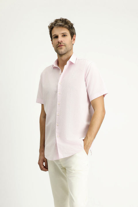 Dusty Pink Short Sleeve Regular Fit Patterned Waffle Cotton Shirt