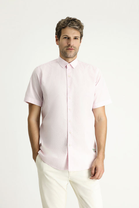 Dusty Pink Short Sleeve Regular Fit Patterned Waffle Cotton Shirt