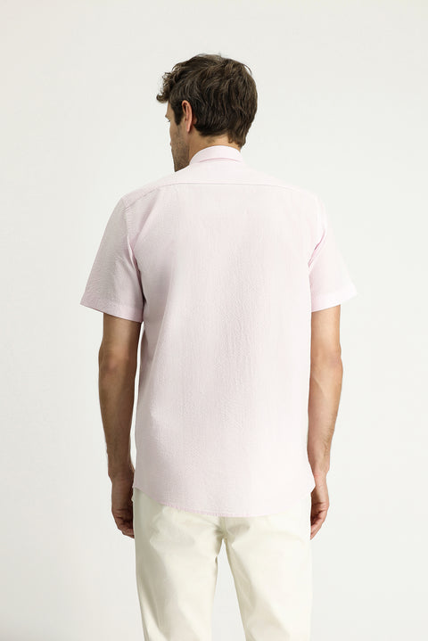 Dusty Pink Short Sleeve Regular Fit Patterned Waffle Cotton Shirt
