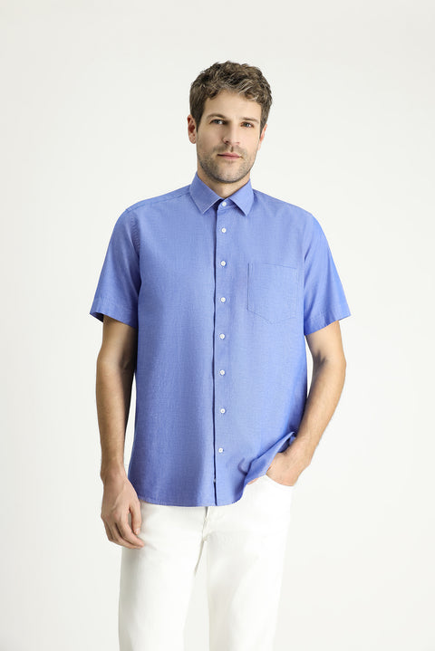 Dark Blue Short Sleeve Regular Fit Patterned Cotton Shirt