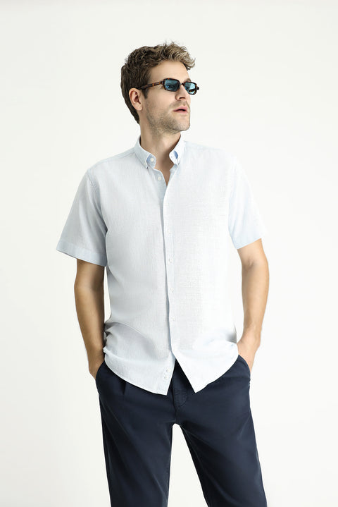 Light Blue Short Sleeve Regular Fit Patterned Cotton Button-Down Collar Shirt