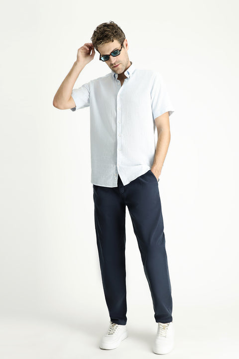 Light Blue Short Sleeve Regular Fit Patterned Cotton Button-Down Collar Shirt