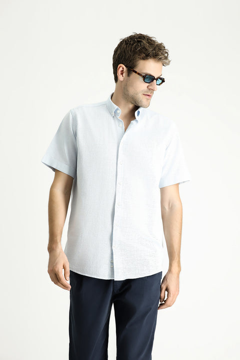 Light Blue Short Sleeve Regular Fit Patterned Cotton Button-Down Collar Shirt