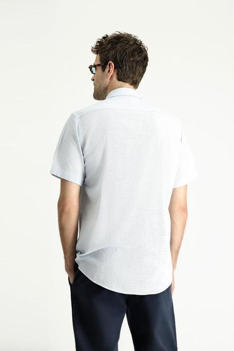 Light Blue Short Sleeve Regular Fit Patterned Cotton Button-Down Collar Shirt