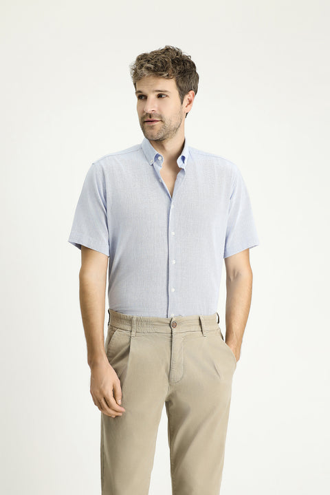 Blue Short Sleeve Regular Fit Patterned Cotton Button-Down Collar Shirt