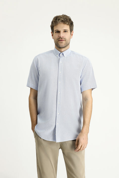 Blue Short Sleeve Regular Fit Patterned Cotton Button-Down Collar Shirt