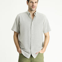 Light Khaki Short Sleeve Regular Fit Patterned Cotton Button-Down Collar Shirt