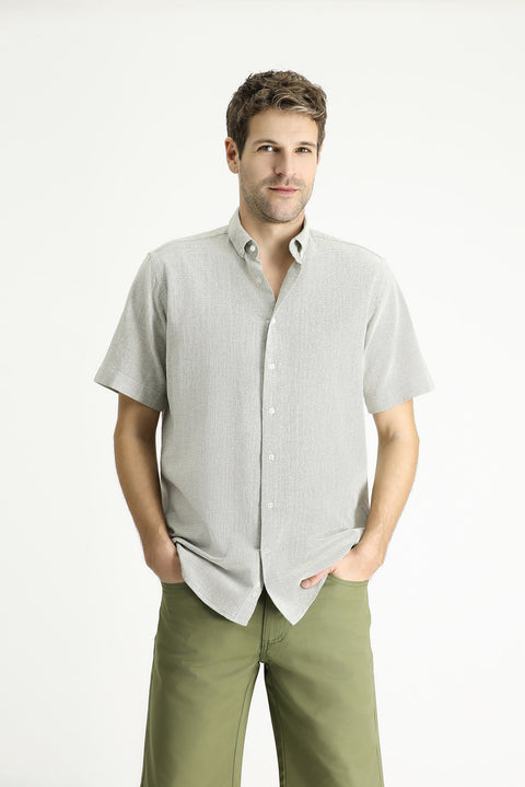 Light Khaki Short Sleeve Regular Fit Patterned Cotton Button-Down Collar Shirt
