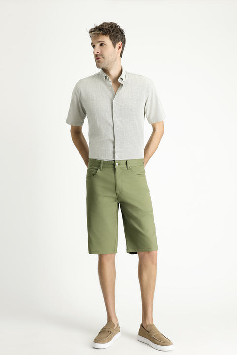 Light Khaki Short Sleeve Regular Fit Patterned Cotton Button-Down Collar Shirt