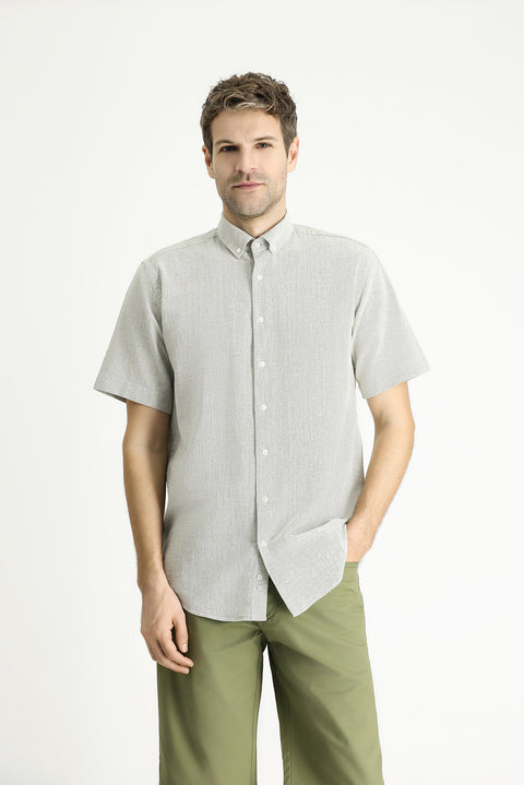 Light Khaki Short Sleeve Regular Fit Patterned Cotton Button-Down Collar Shirt