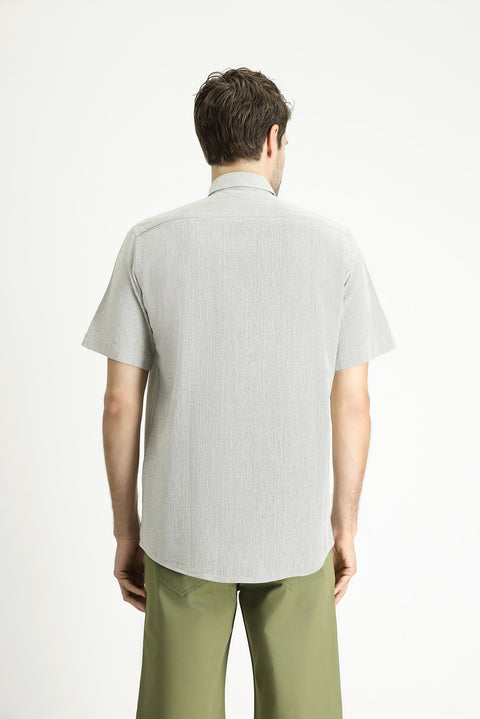 Light Khaki Short Sleeve Regular Fit Patterned Cotton Button-Down Collar Shirt