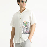 White Short-Sleeve Oversize Printed Cotton Shirt