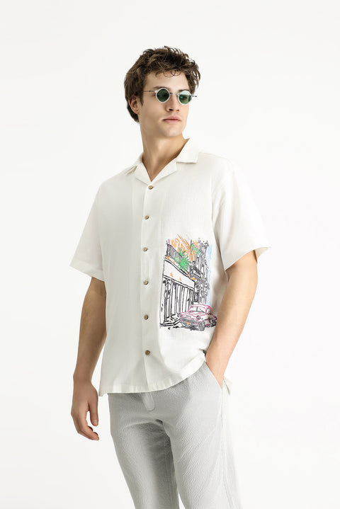 White Short-Sleeve Oversize Printed Cotton Shirt