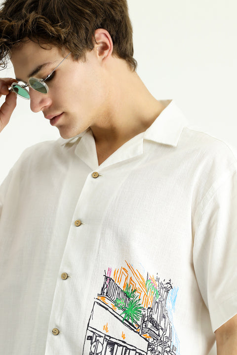White Short-Sleeve Oversize Printed Cotton Shirt