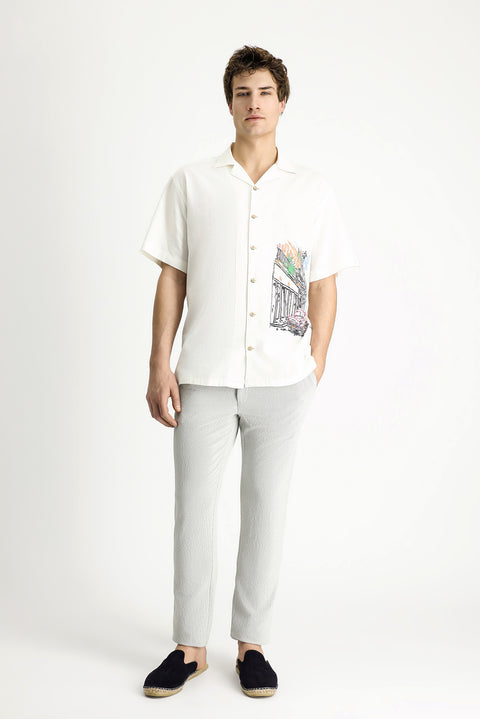White Short-Sleeve Oversize Printed Cotton Shirt