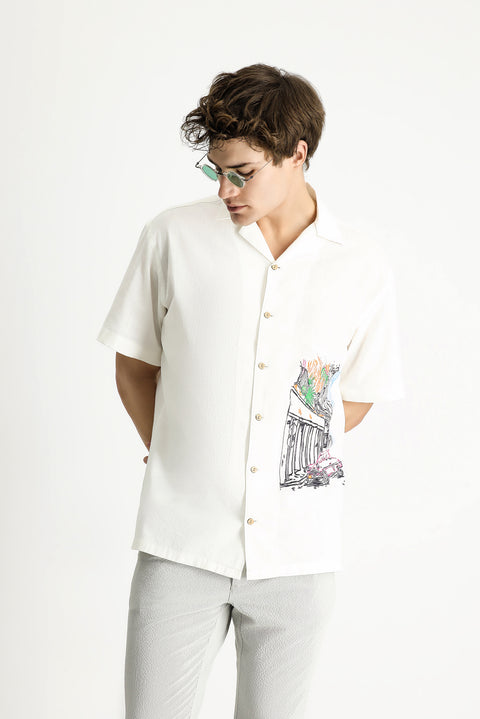 White Short-Sleeve Oversize Printed Cotton Shirt