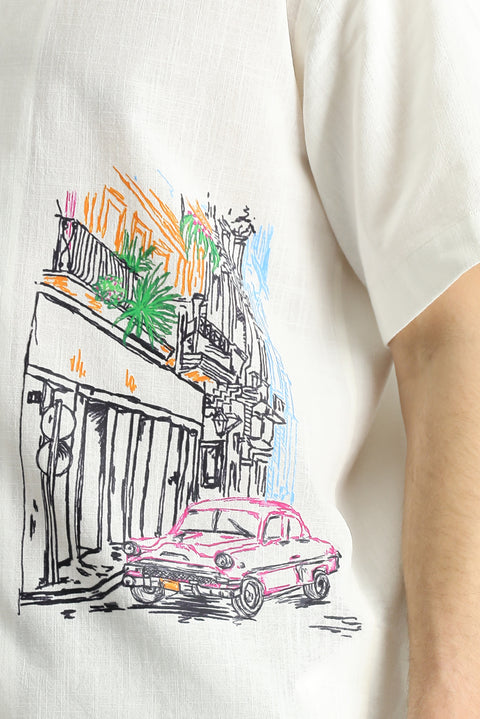 White Short-Sleeve Oversize Printed Cotton Shirt