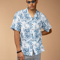 Medium Navy Short Sleeve Oversize Patterned Sport Cotton Shirt