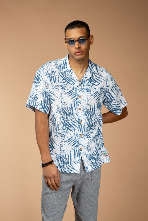 Medium Navy Short Sleeve Oversize Patterned Sport Cotton Shirt