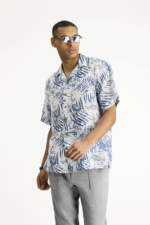 Medium Navy Short Sleeve Oversize Patterned Sport Cotton Shirt