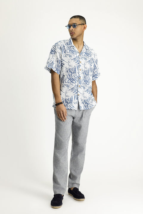 Medium Navy Short Sleeve Oversize Patterned Sport Cotton Shirt