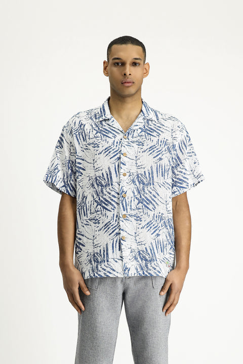 Medium Navy Short Sleeve Oversize Patterned Sport Cotton Shirt