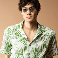 Grass Green Short Sleeve Oversize Patterned Sport Cotton Shirt