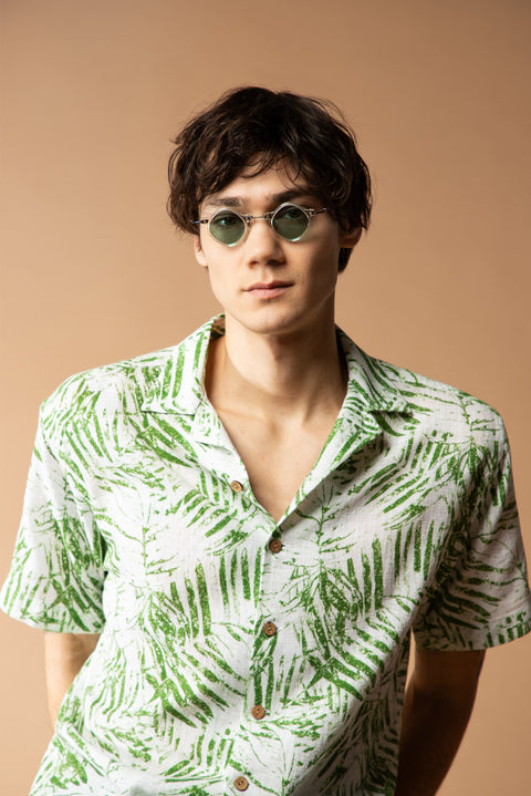 Grass Green Short Sleeve Oversize Patterned Sport Cotton Shirt