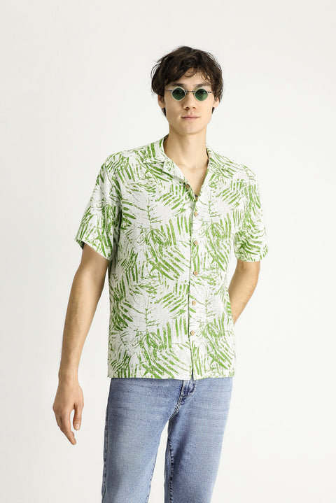 Grass Green Short Sleeve Oversize Patterned Sport Cotton Shirt