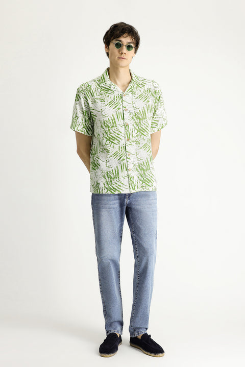 Grass Green Short Sleeve Oversize Patterned Sport Cotton Shirt