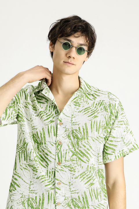 Grass Green Short Sleeve Oversize Patterned Sport Cotton Shirt