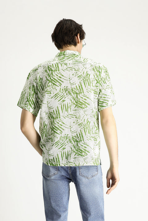 Grass Green Short Sleeve Oversize Patterned Sport Cotton Shirt